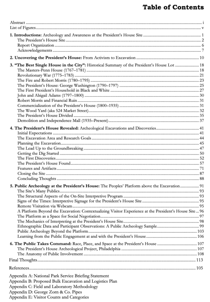 Table of Contents for the report entitled "The Archaeology of Freedom and Slavery: Excavations at the Presidents House Site in  Philadelphia.